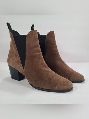 Anthropologie KMB Brown Suede Pull On Heeled Booties Women Size 10